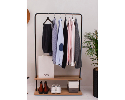 Вешалка напольная Отрада с двумя полками для обуви из ЛДСП, 910х330х1500Н, черная/дуб