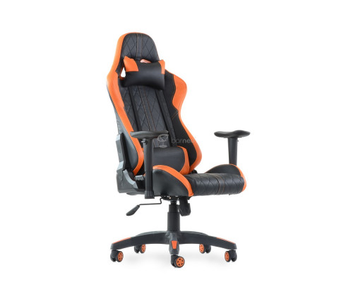 Кресло Barneo K-52 черная кожа оранжевые вставки, газлифт 3кл, реклайнер игровое